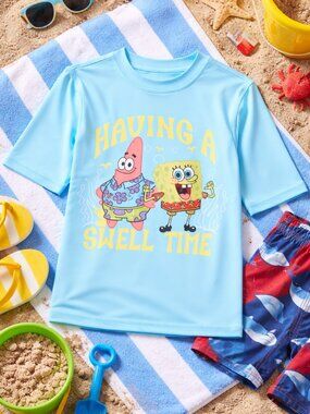 SpongeBob SquarePants Boys Rash Guard UV50 Swim Shirt Blue Sizes 4/5, 6/7 & 8